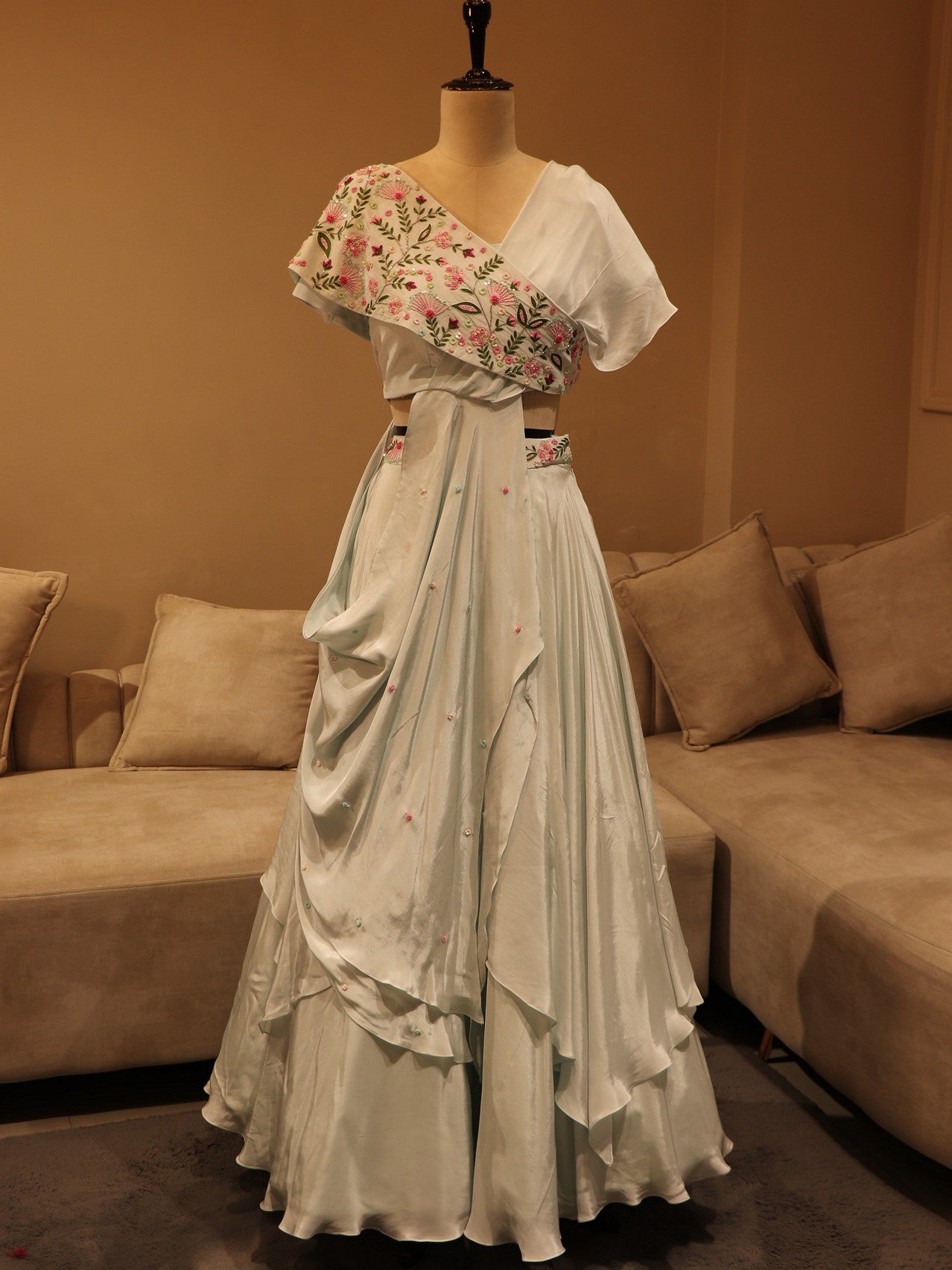 Powder blue drape lehenga set