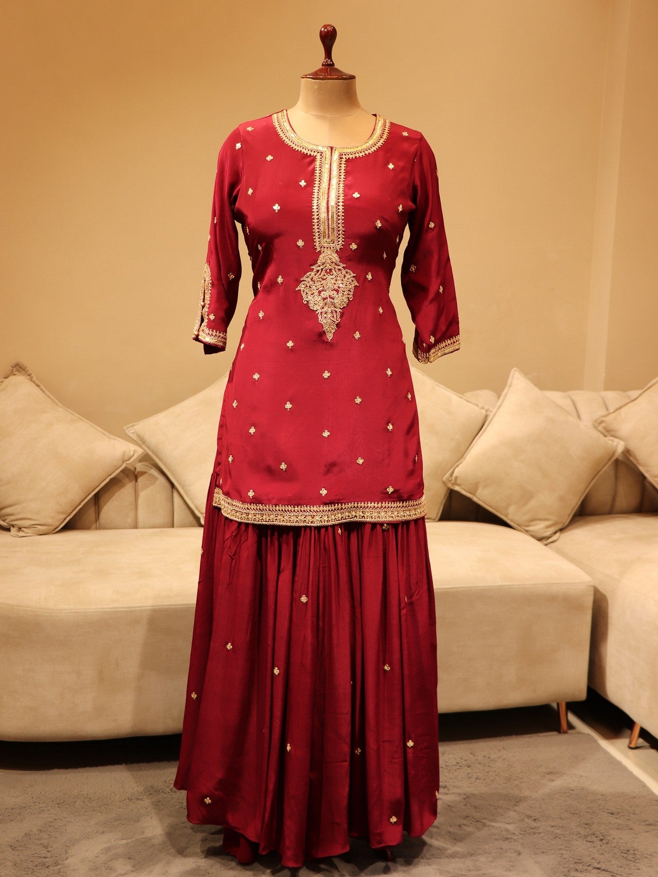 Deep maroon kurta flaired pants with dupatta