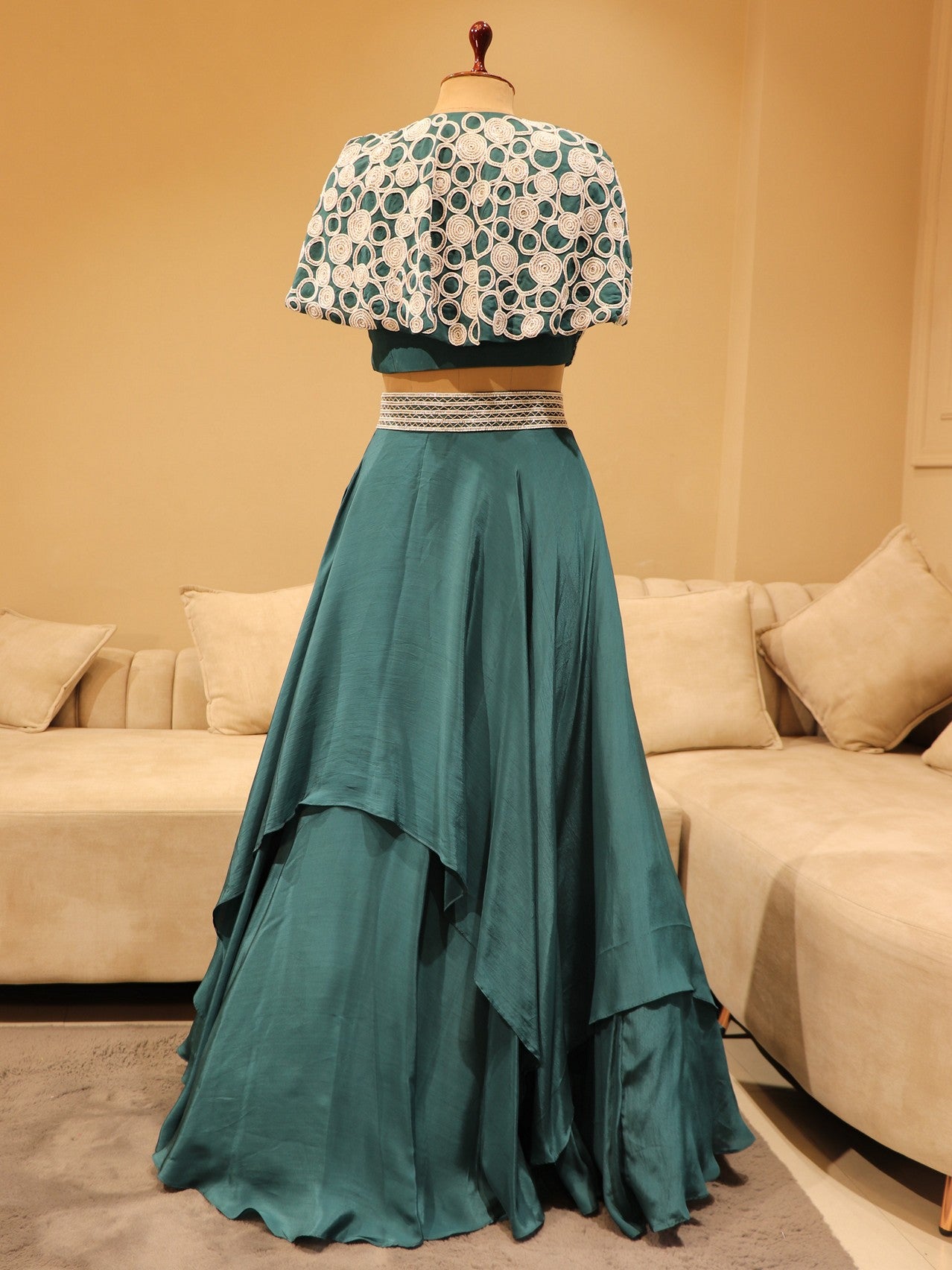 Turquoise blue crop top skirt with cape