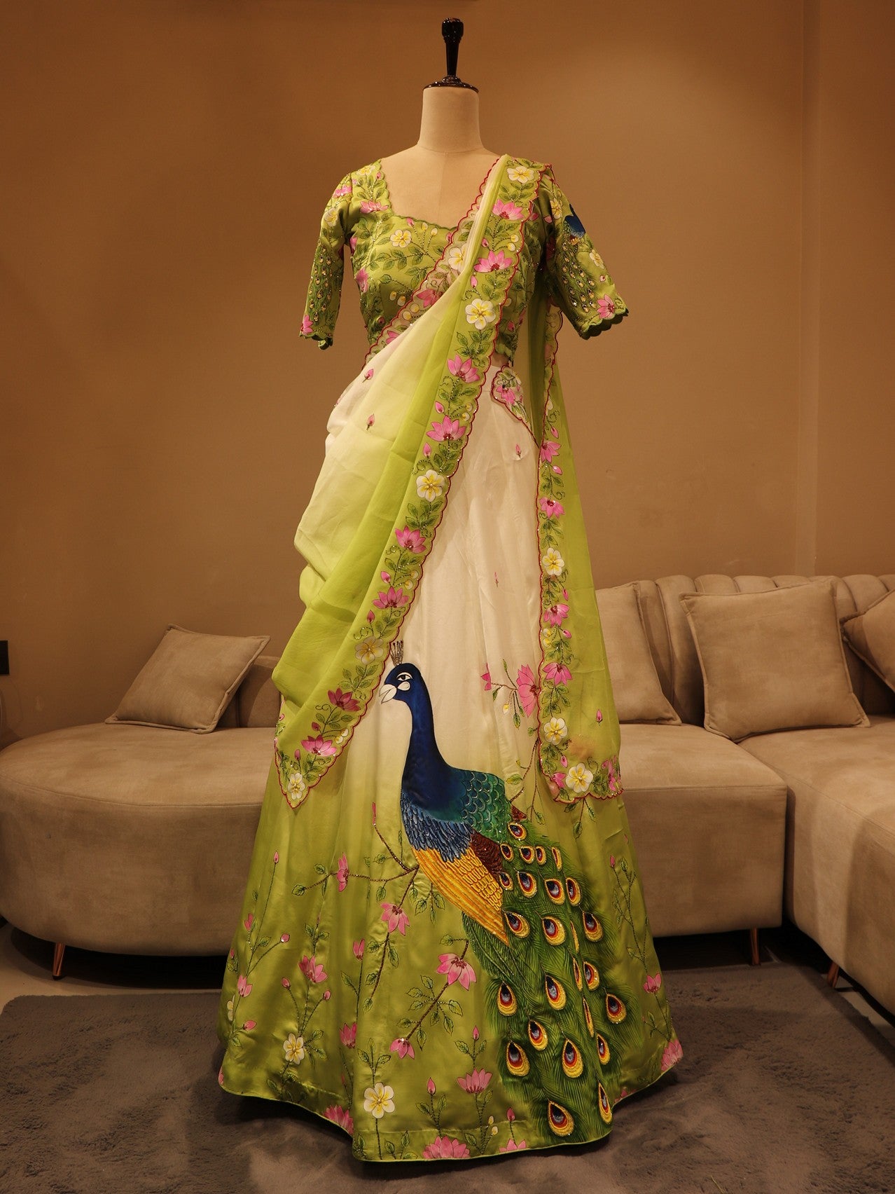 Green off white shaded hand painted peacock lehenga set