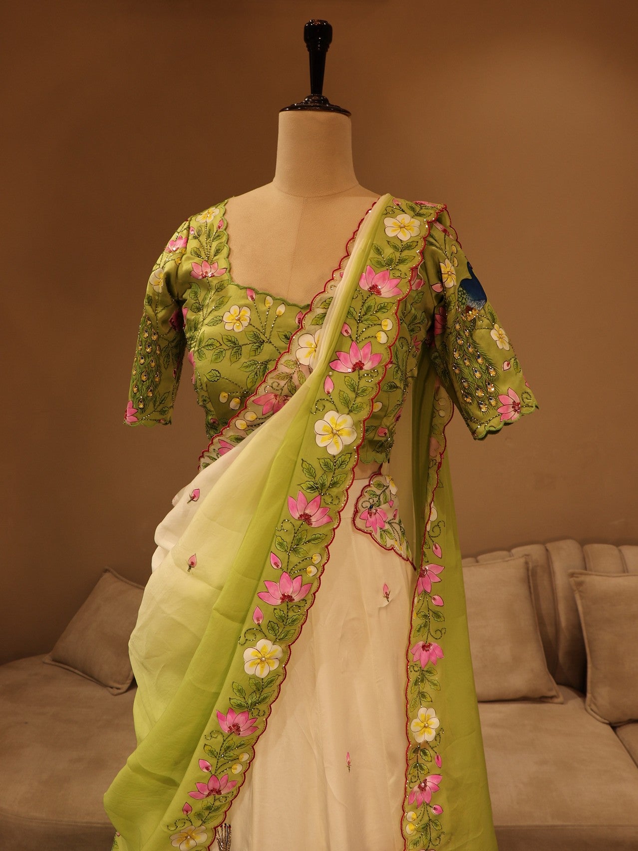 Green off white shaded hand painted peacock lehenga set