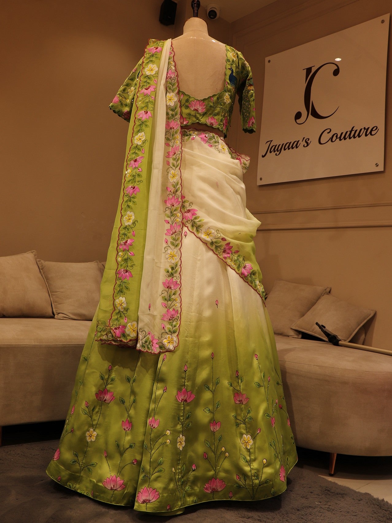 Green off white shaded hand painted peacock lehenga set