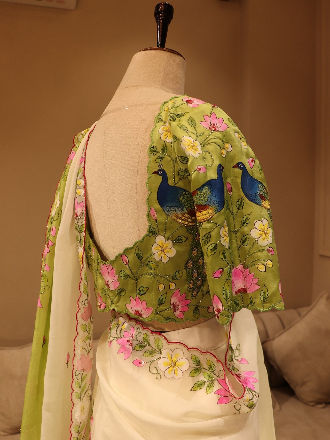 Green off white shaded hand painted peacock lehenga set