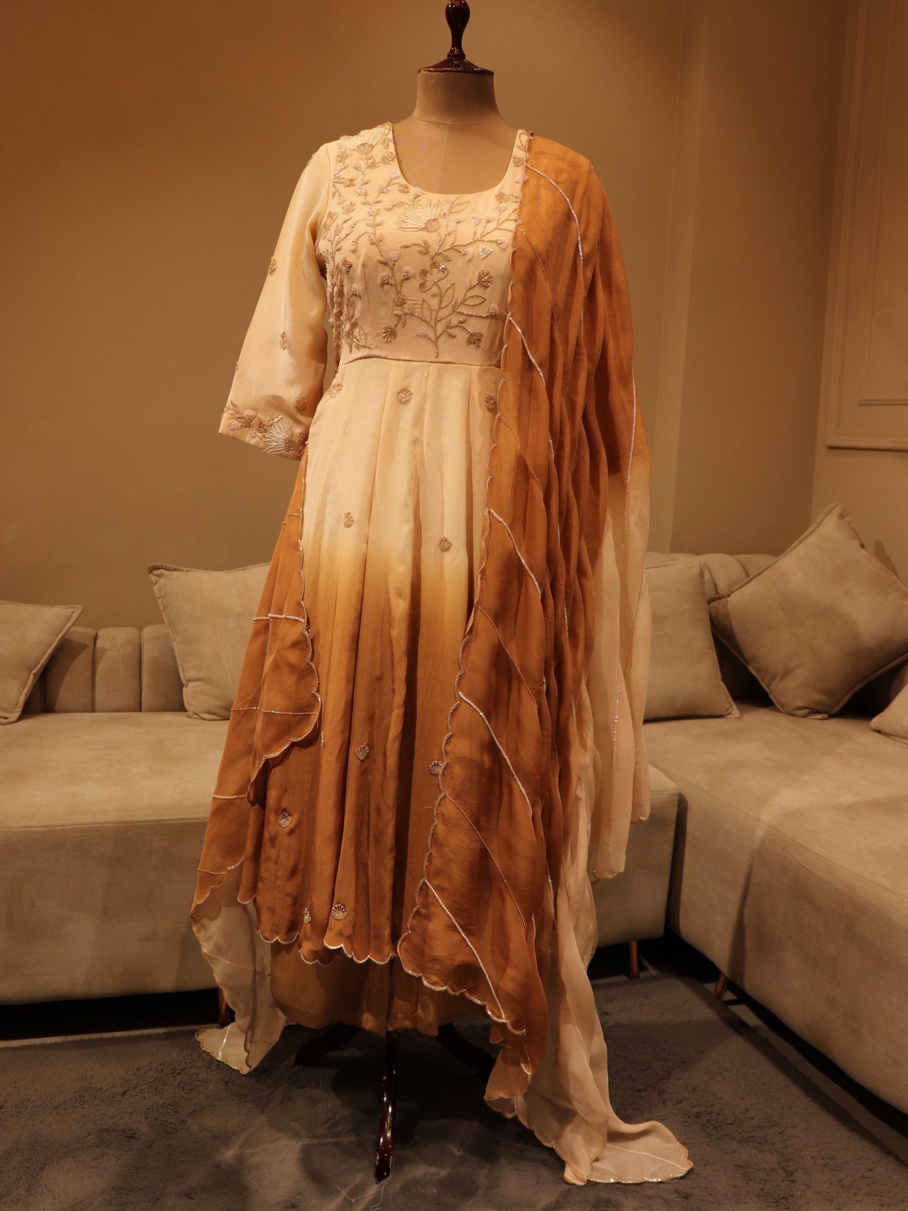Beige brown shaded kurta pants dupatta