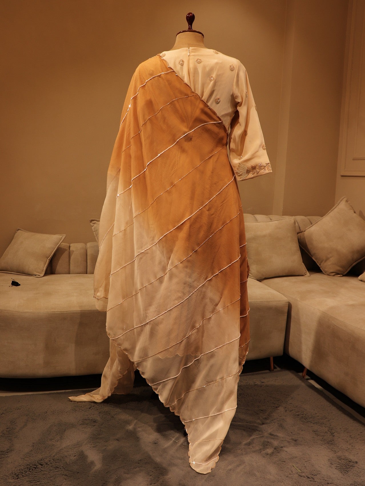 Beige brown shaded kurta pants dupatta