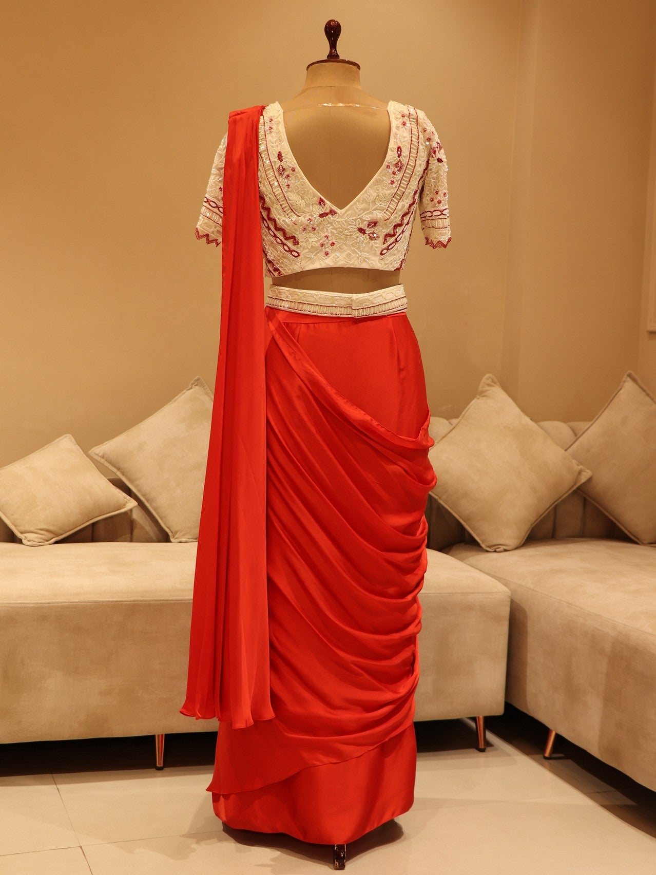 Off white red drape saree