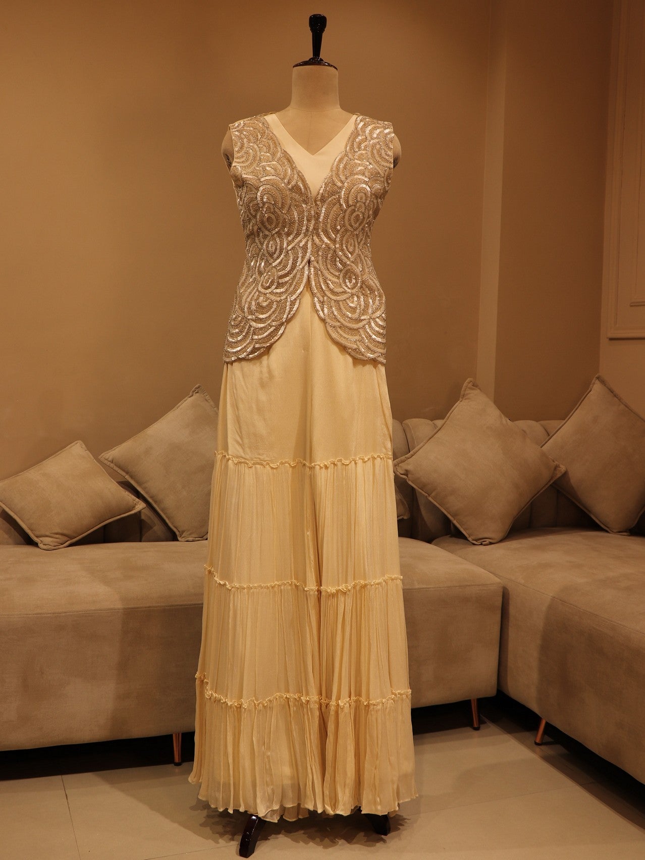 Pearl white shrug with crop top sharara