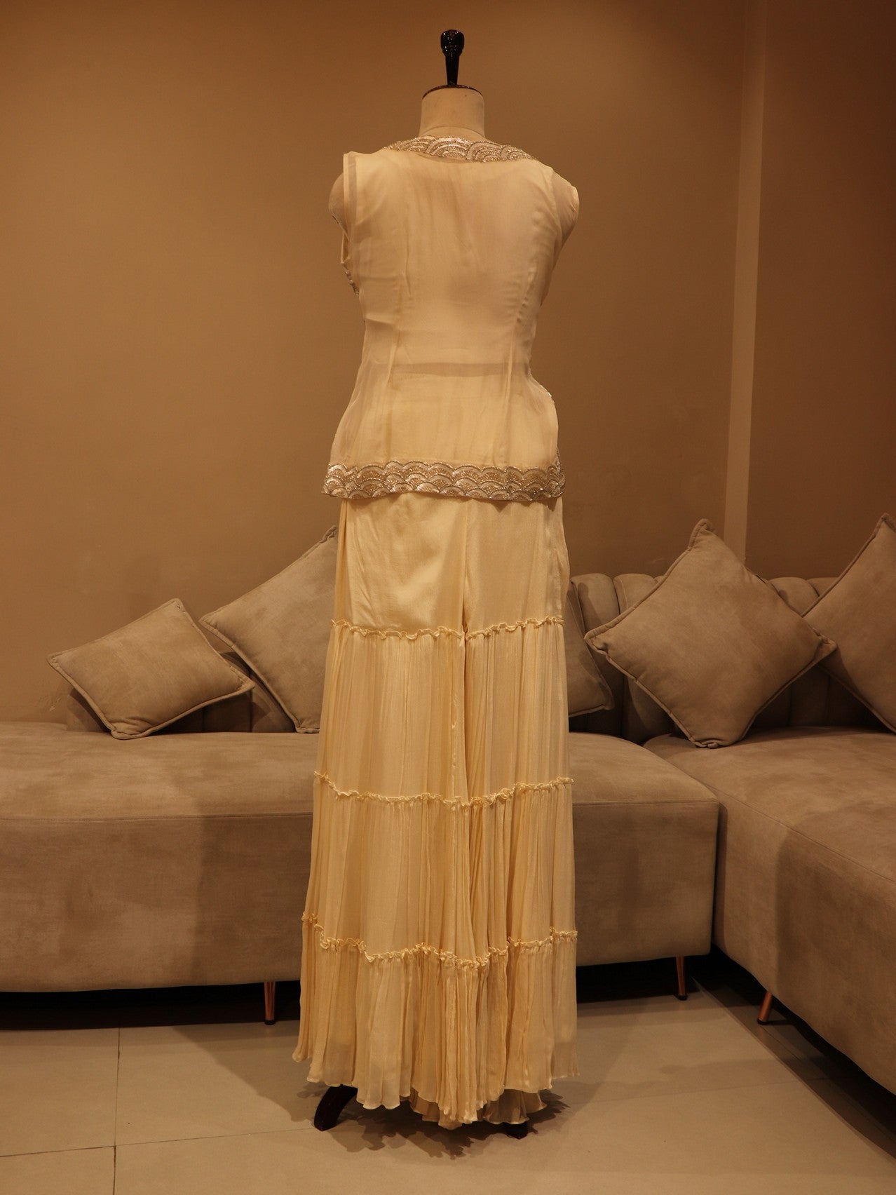 Pearl white shrug with crop top sharara