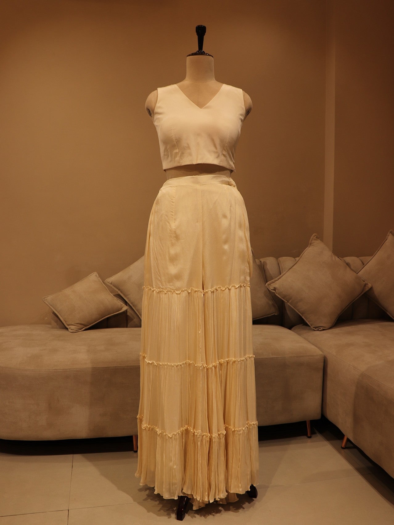 Pearl white shrug with crop top sharara