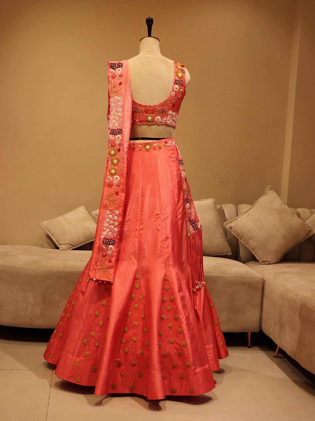 Peach ombre shaded crop top skirt with drape dupatta