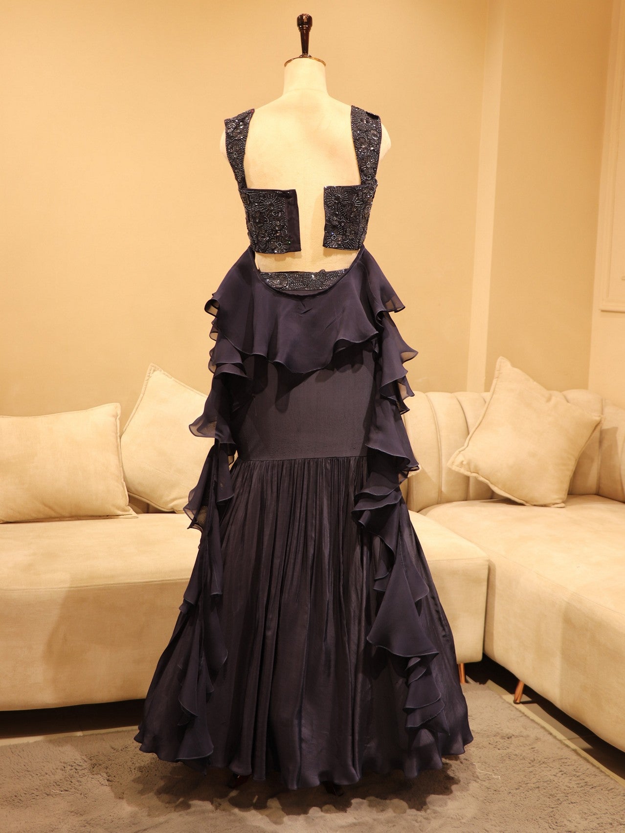 Mid night blue crop top skirt with drape dupatta