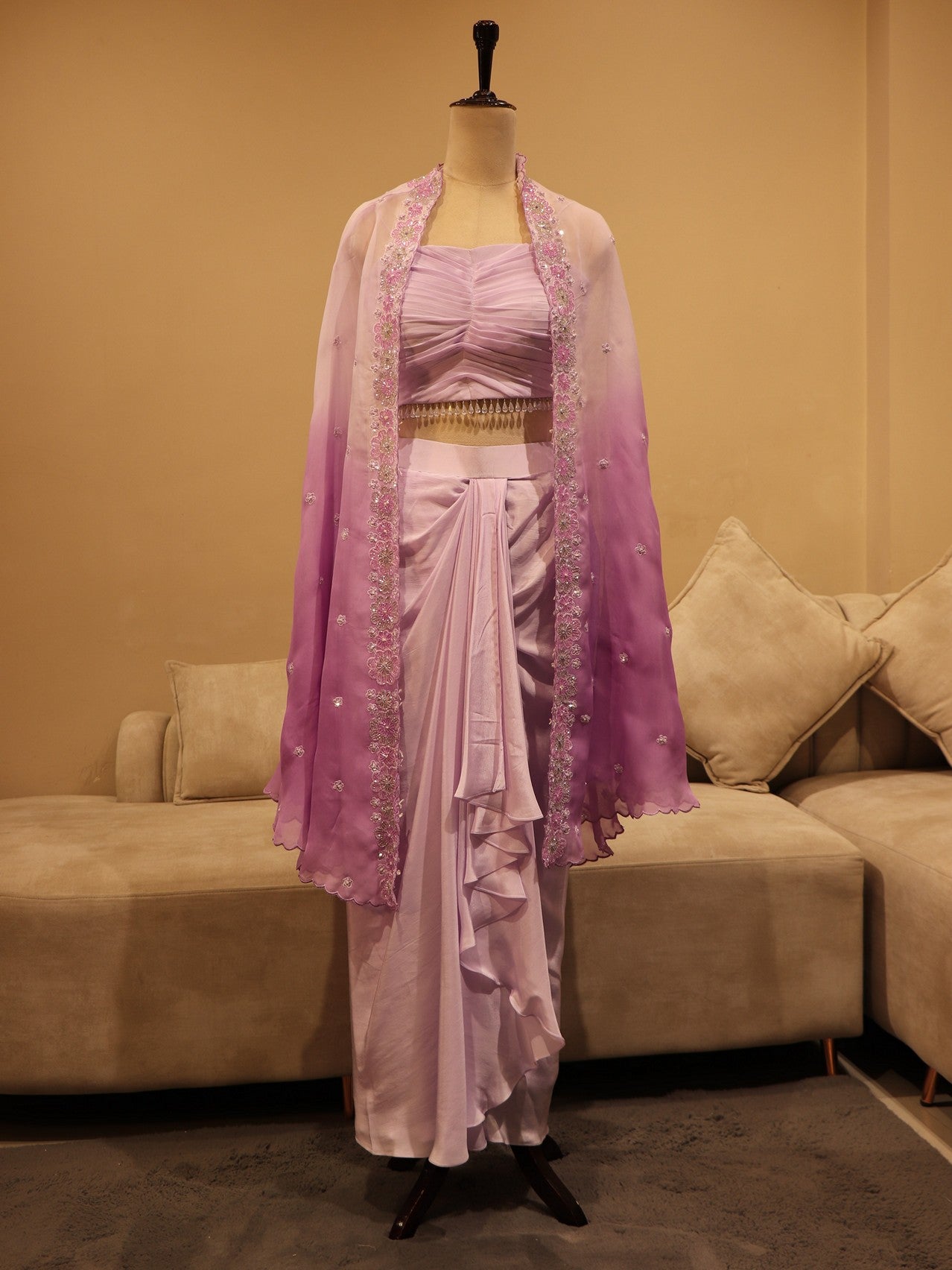 Lilac shaded crop top with drape skirt
