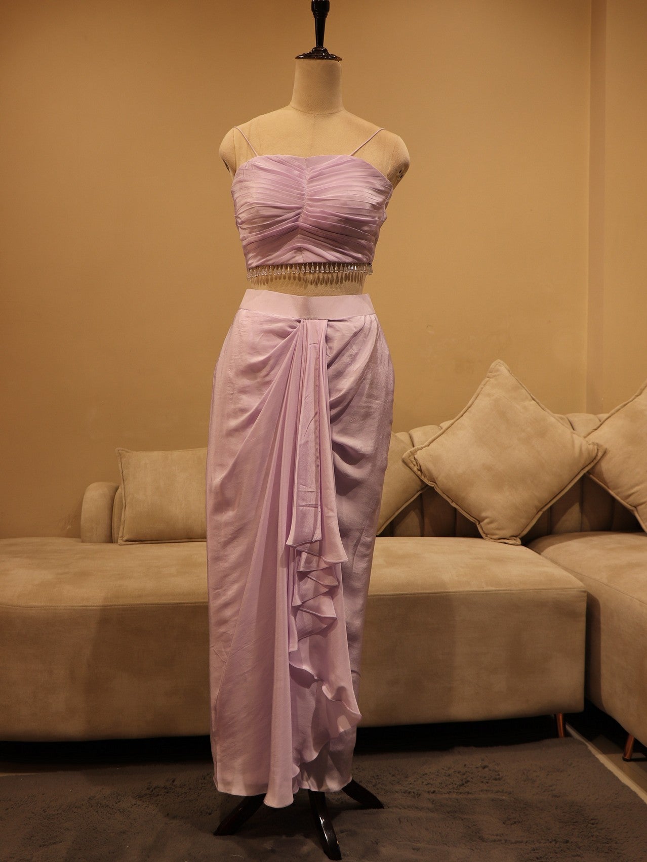 Lilac shaded crop top with drape skirt