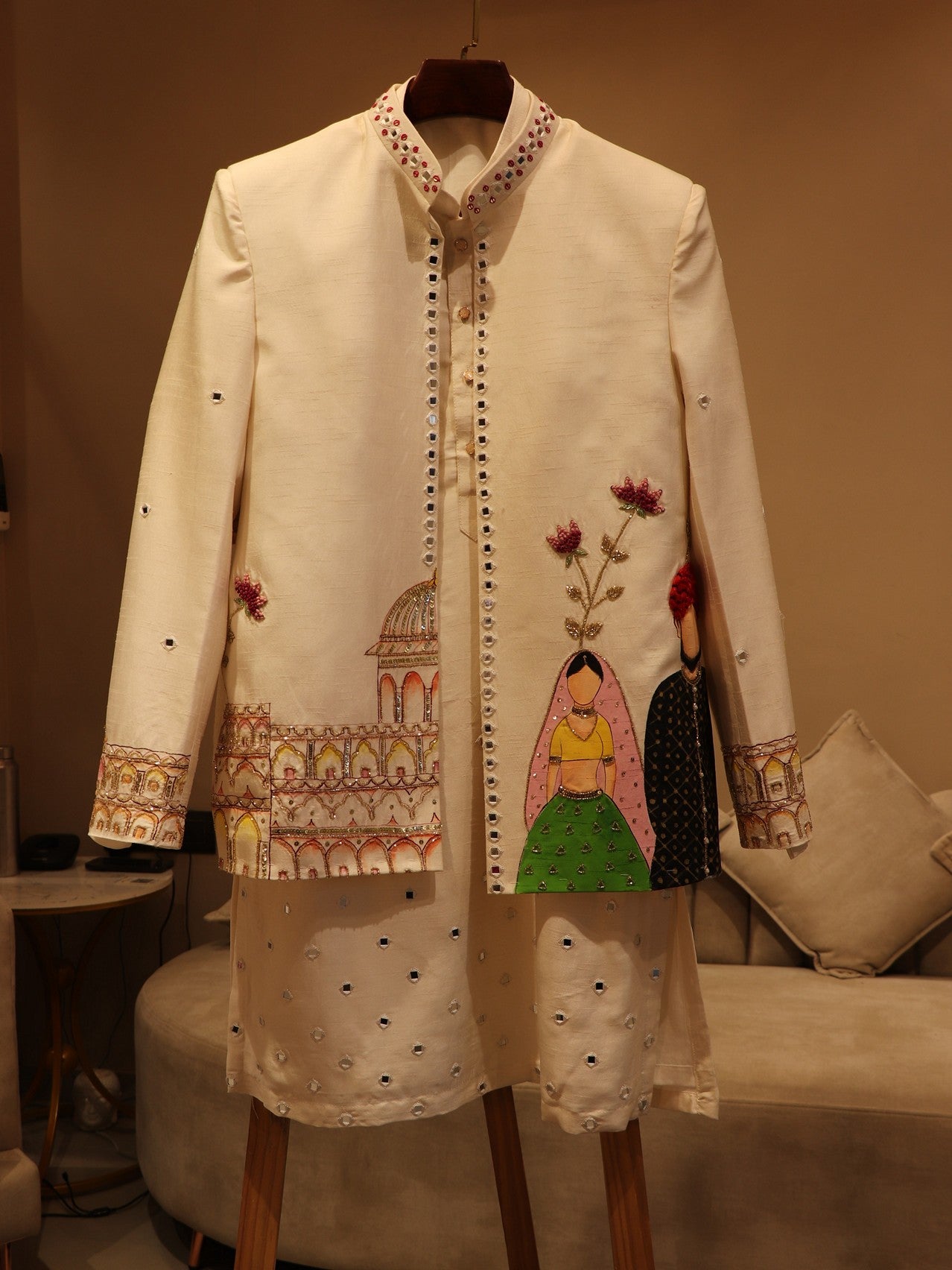 Pearl white hand painted mens indo western