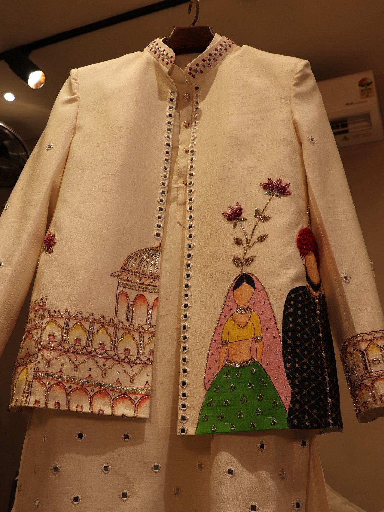 Pearl white hand painted mens indo western