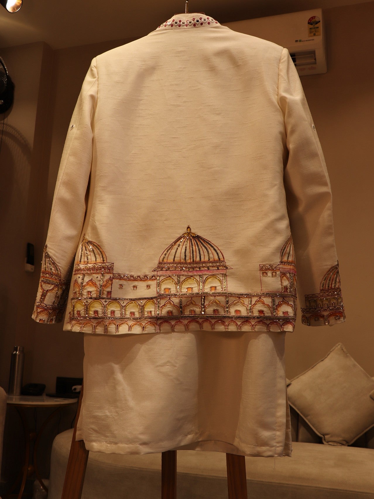 Pearl white hand painted mens indo western