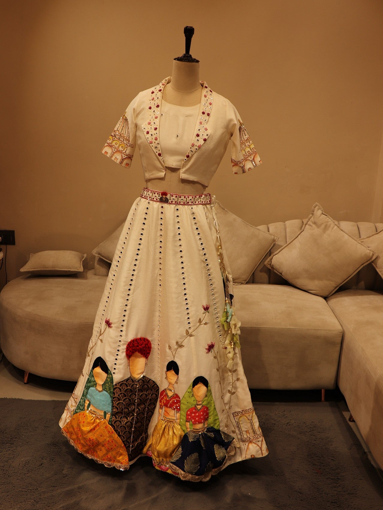 Pearl white hand painted lehenga set