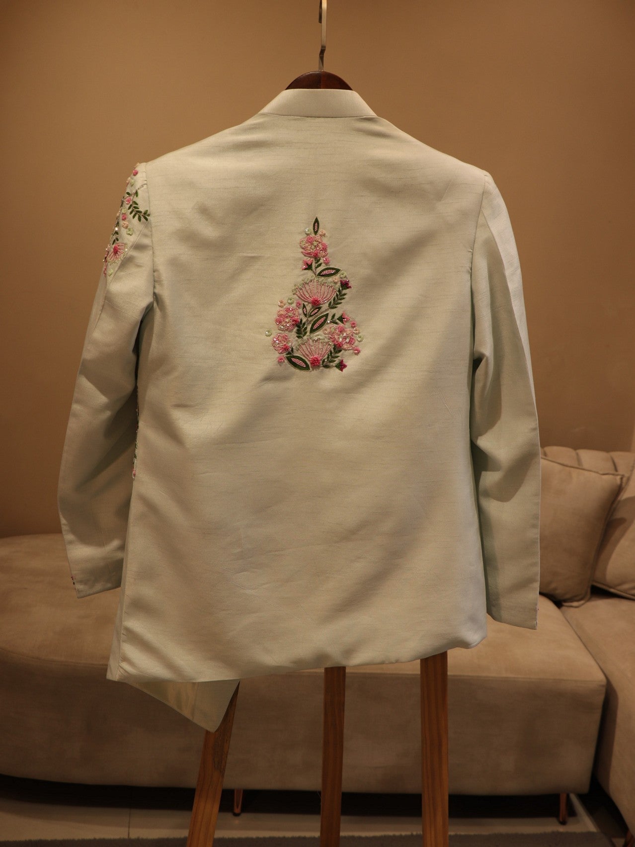 Powder blue mens indo western blazer with pants