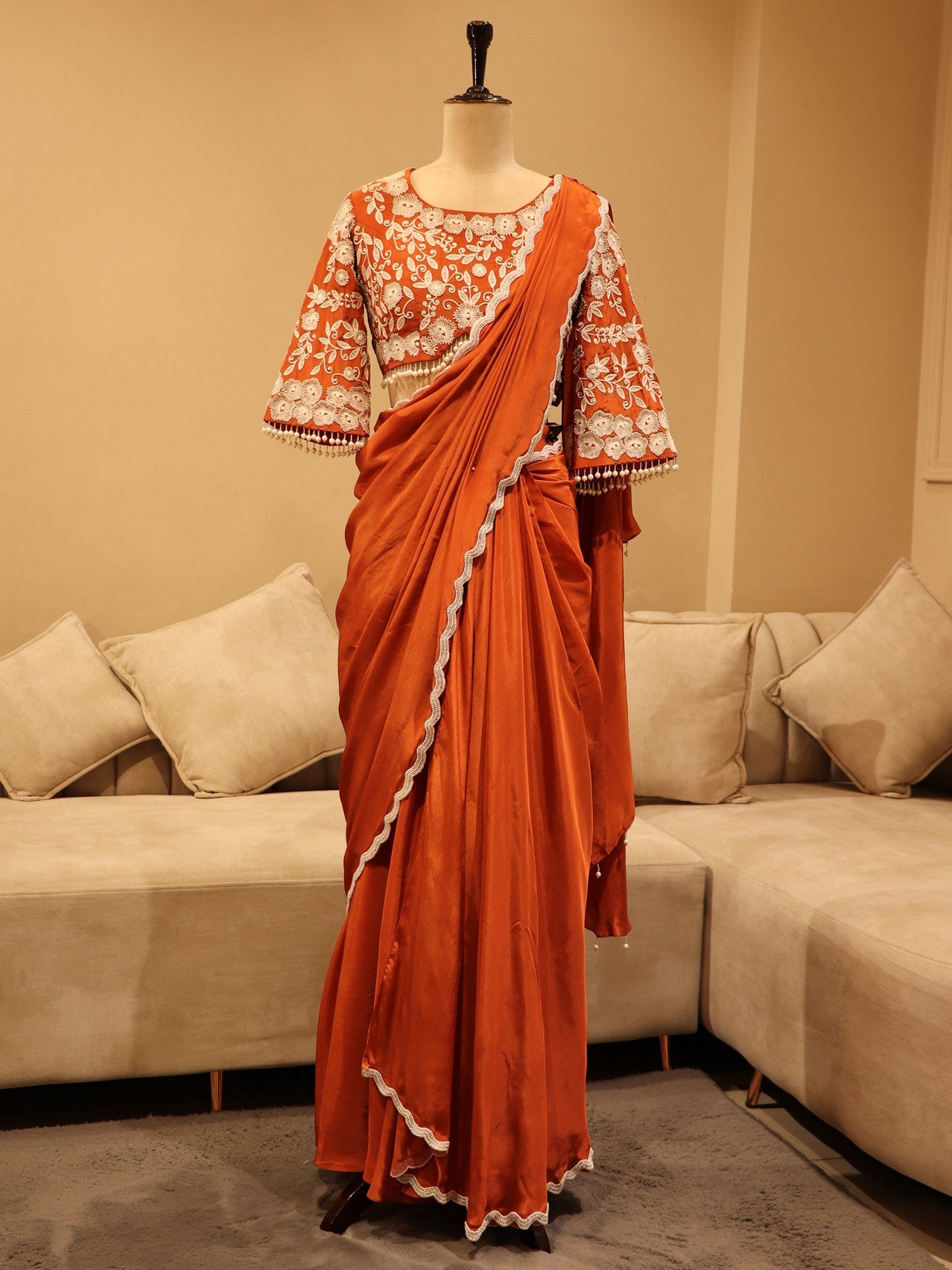 Rust orange drape saree