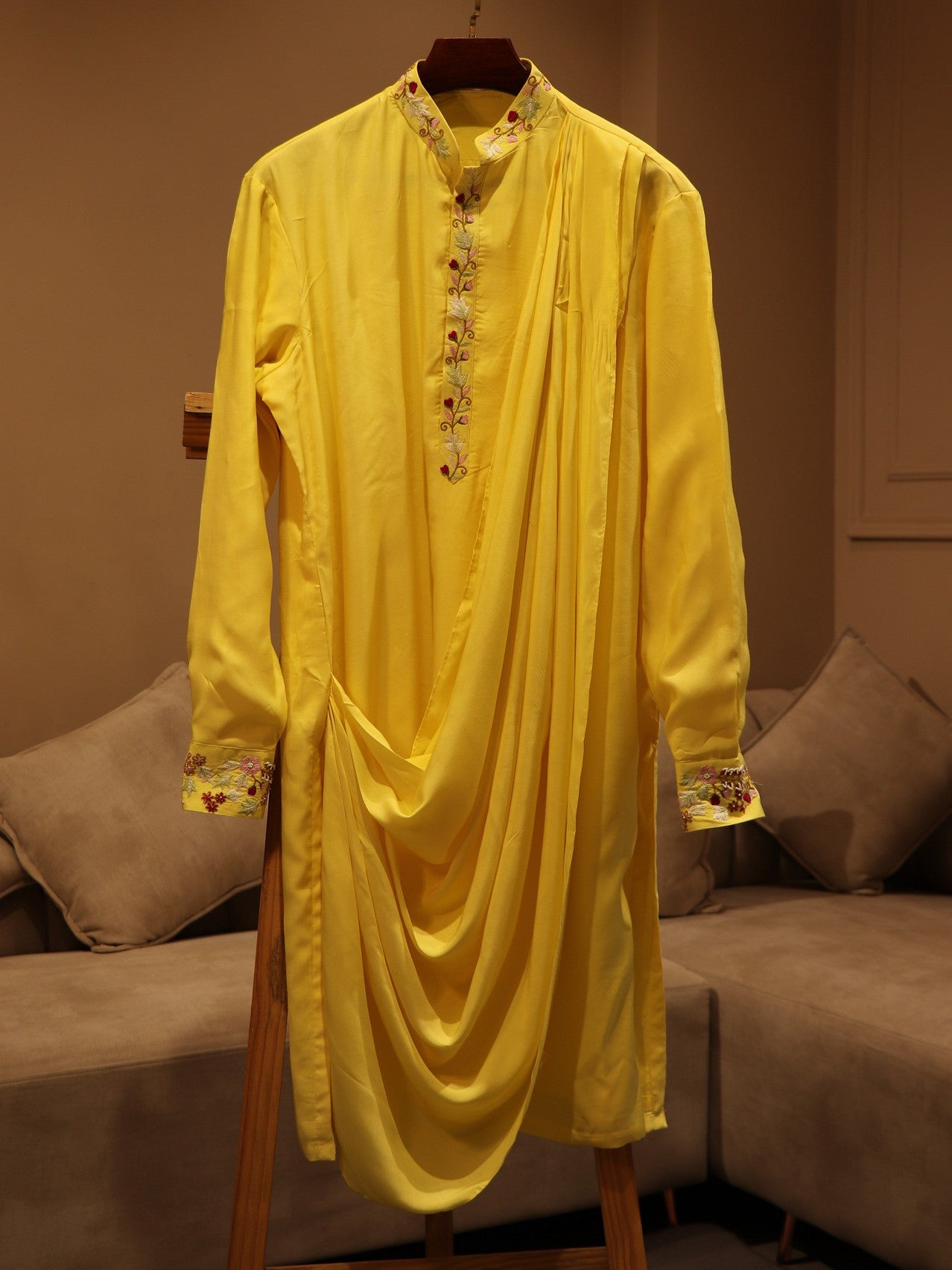 Lemon yellow mens drape kurta with pants