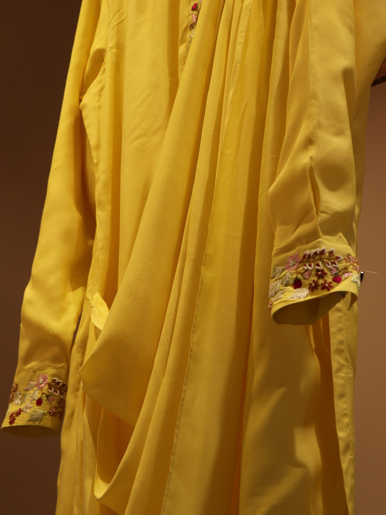 Lemon yellow mens drape kurta with pants