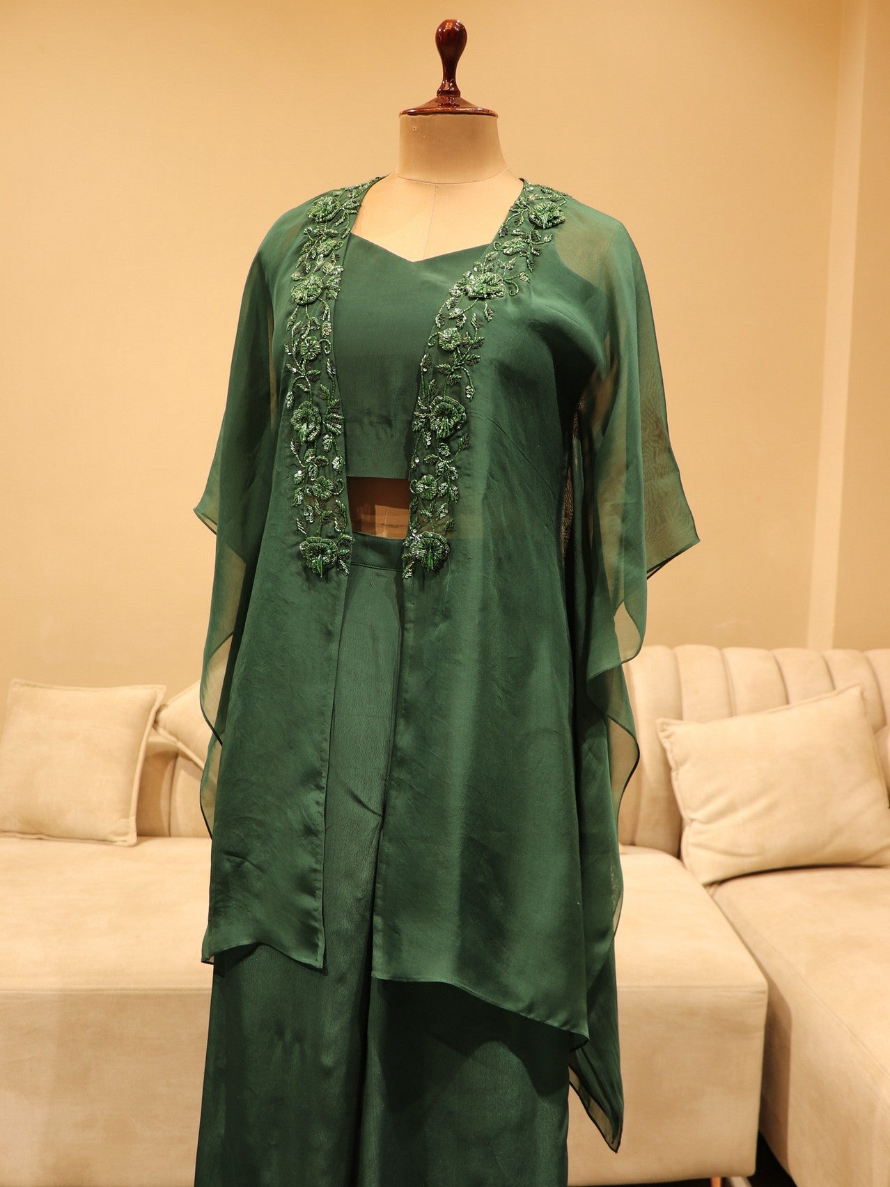 Bottle green crop top plazo cape set