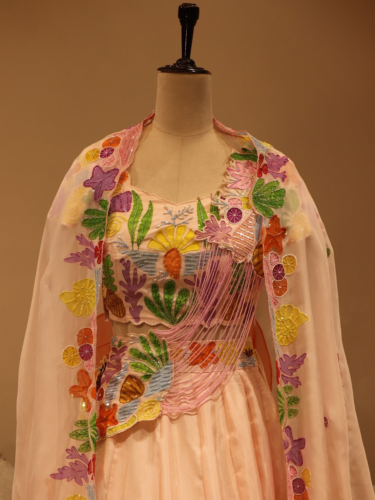 Peachish pink hand painted crop top skirt with cape