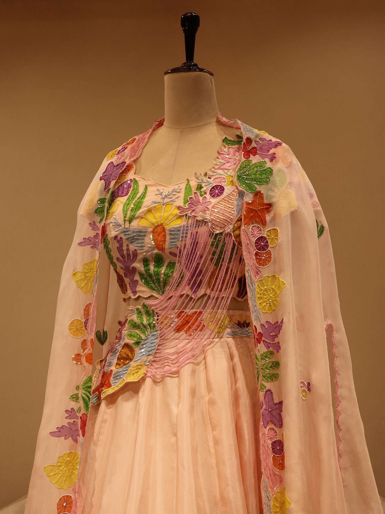Peachish pink hand painted crop top skirt with cape