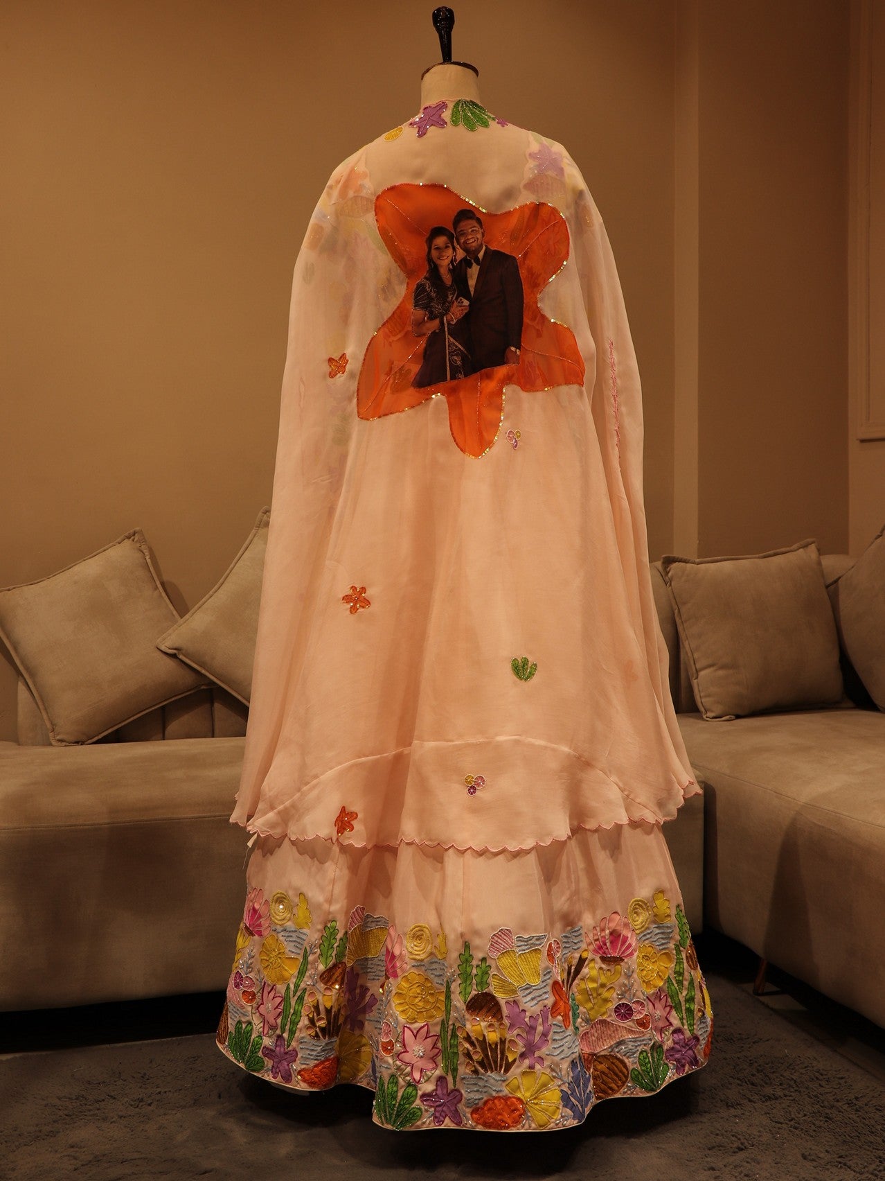 Peachish pink hand painted crop top skirt with cape