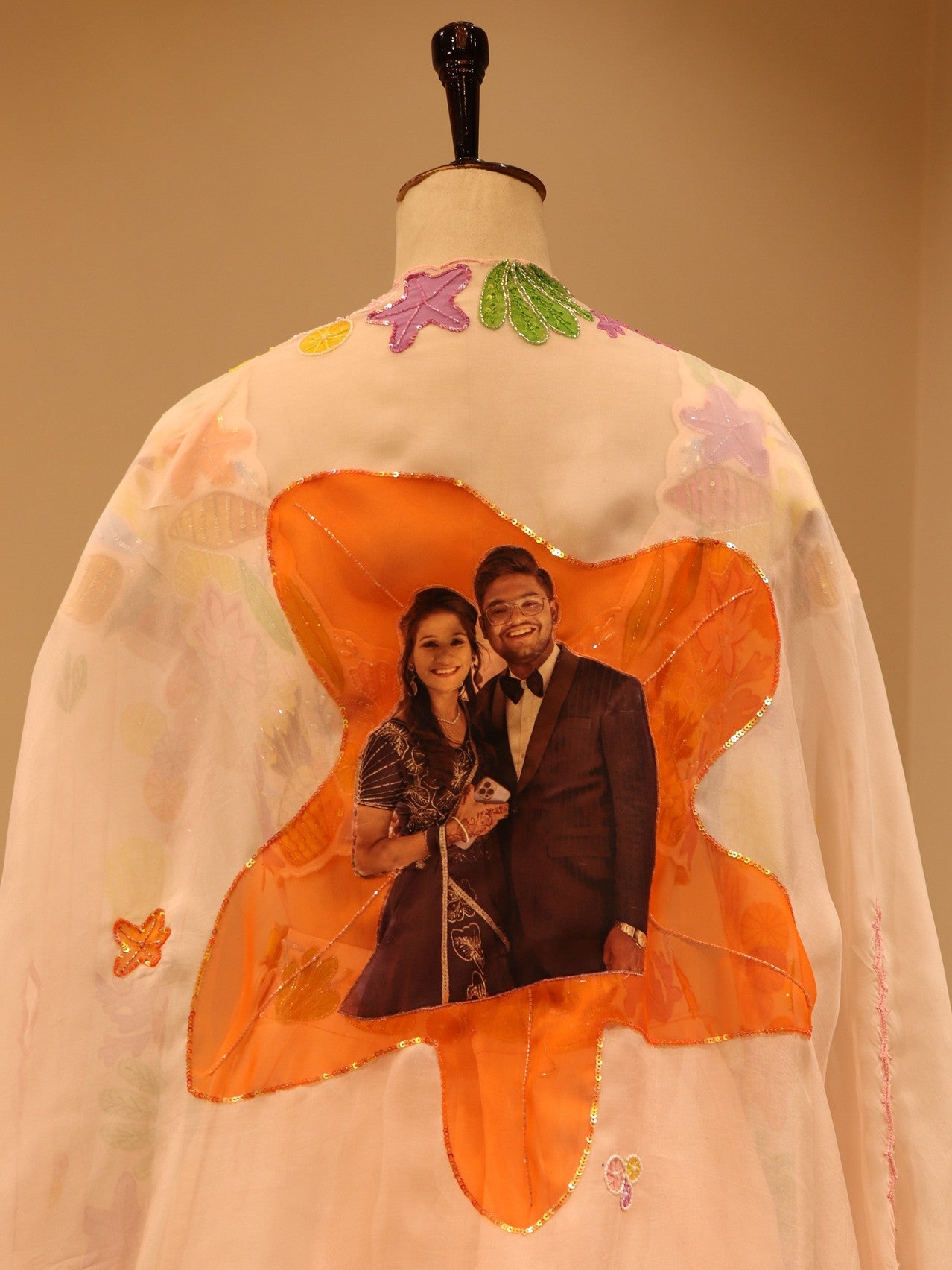 Peachish pink hand painted crop top skirt with cape