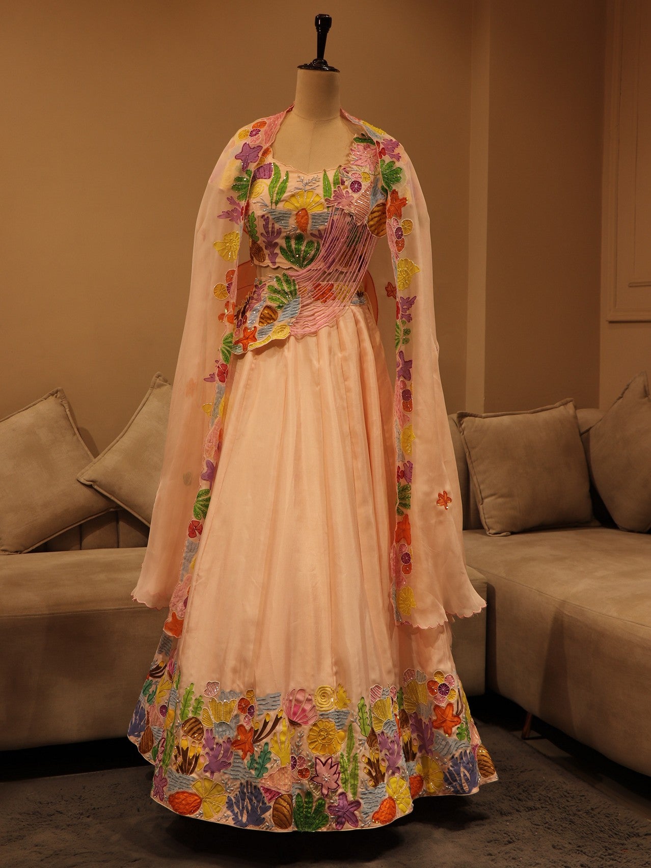 Peachish pink hand painted crop top skirt with cape