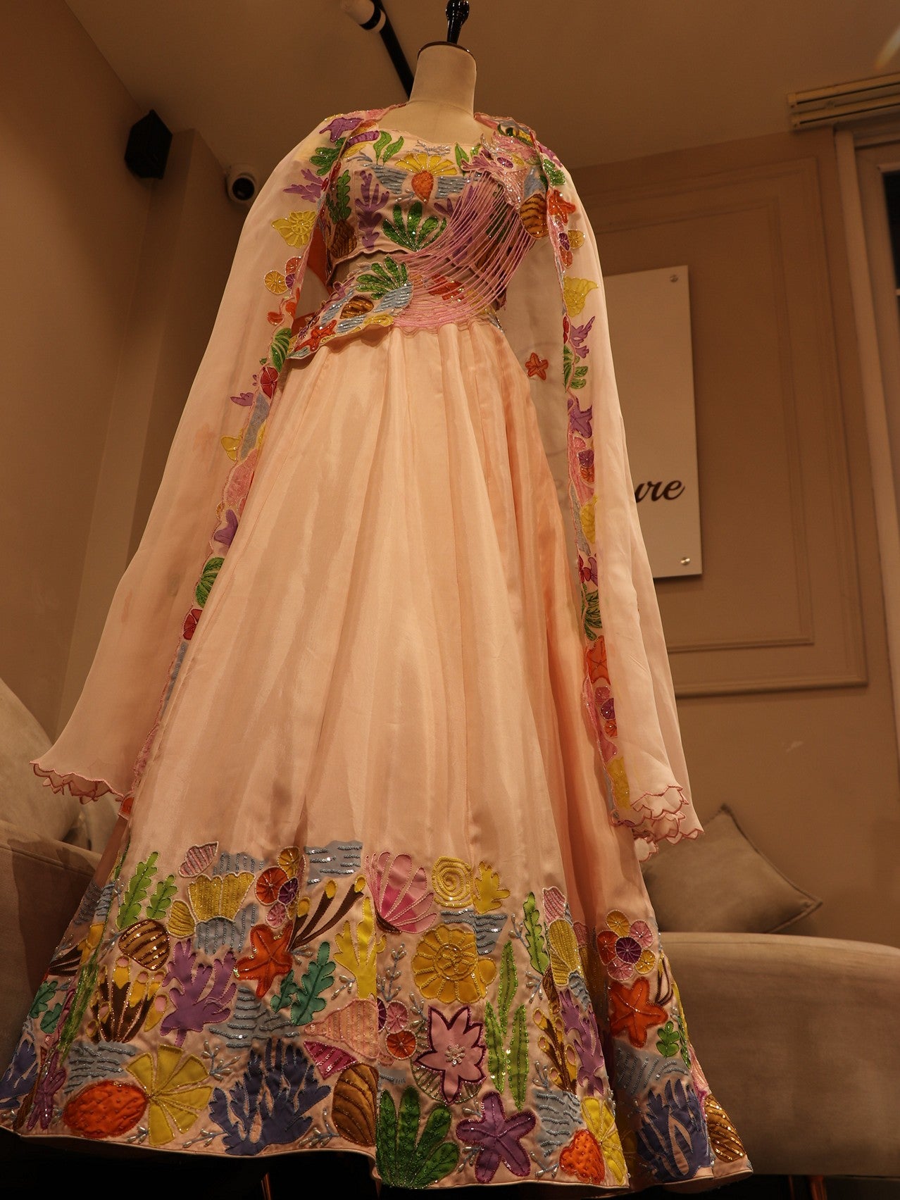 Peachish pink hand painted crop top skirt with cape