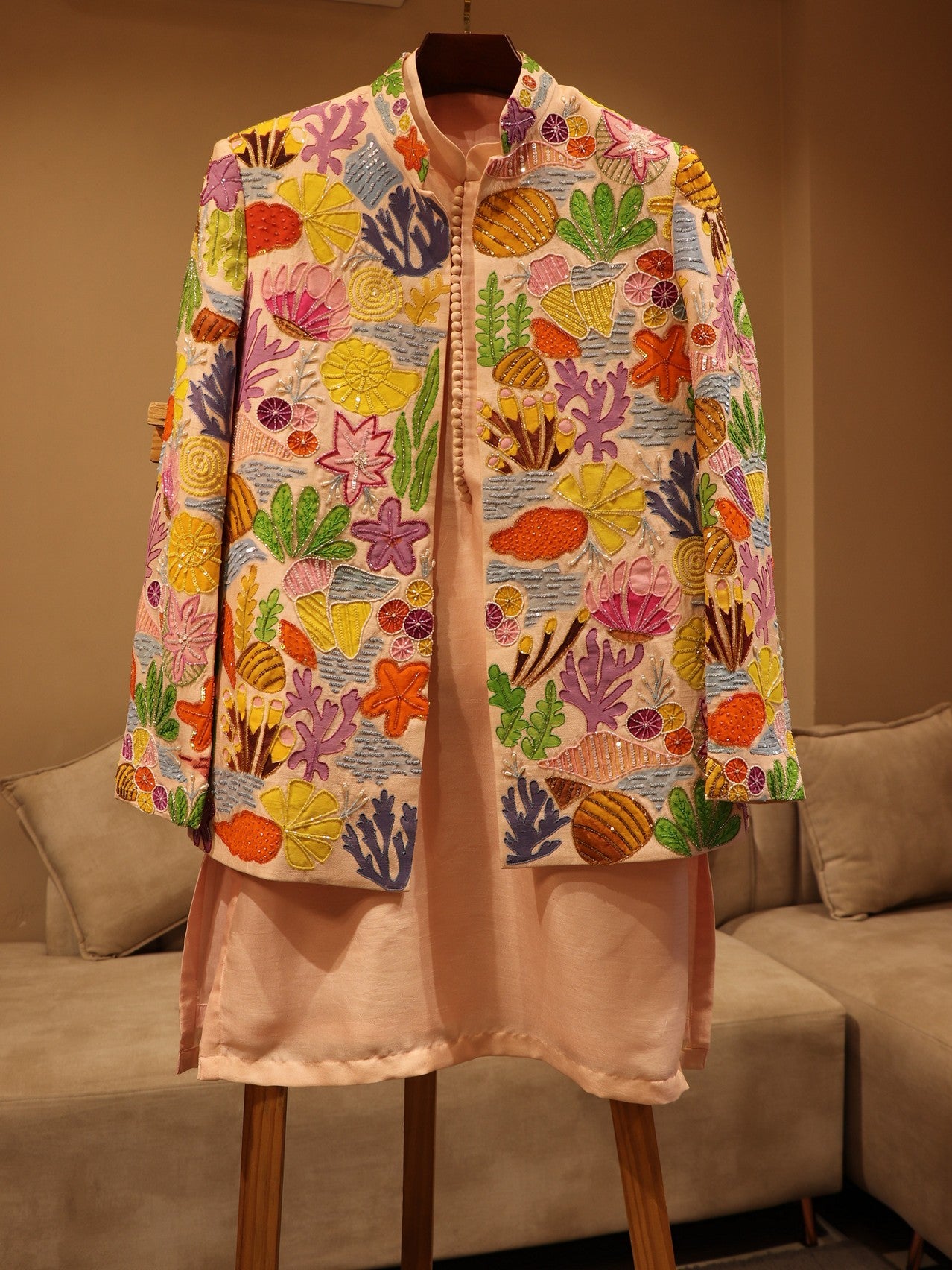 Peachish pink hand painted mens indo western set