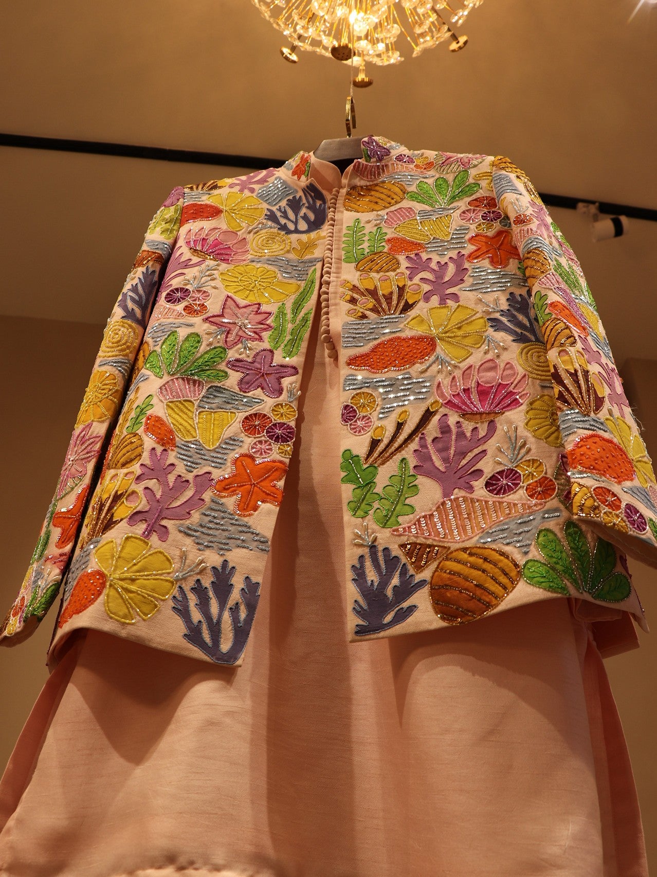 Peachish pink hand painted mens indo western set