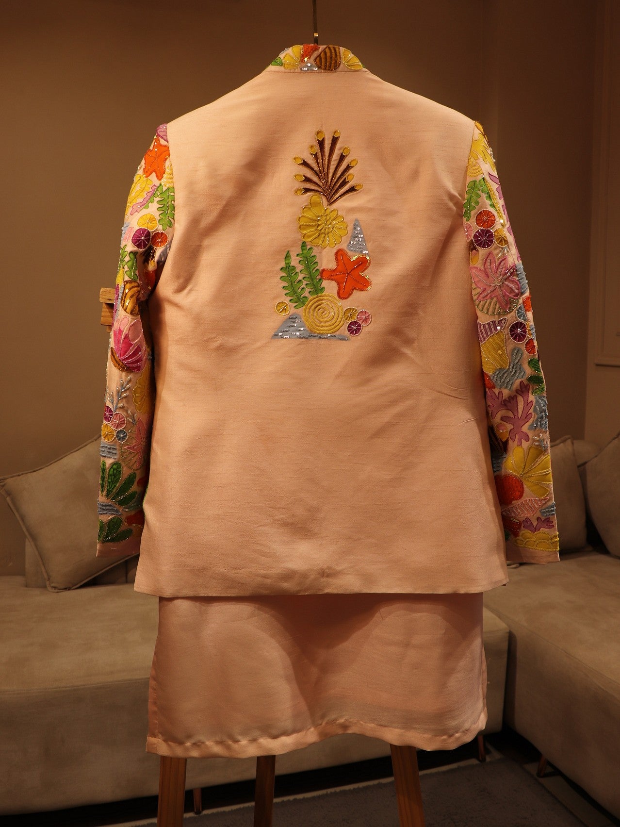 Peachish pink hand painted mens indo western set