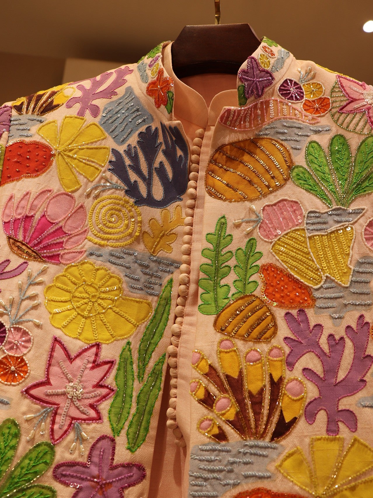 Peachish pink hand painted mens indo western set