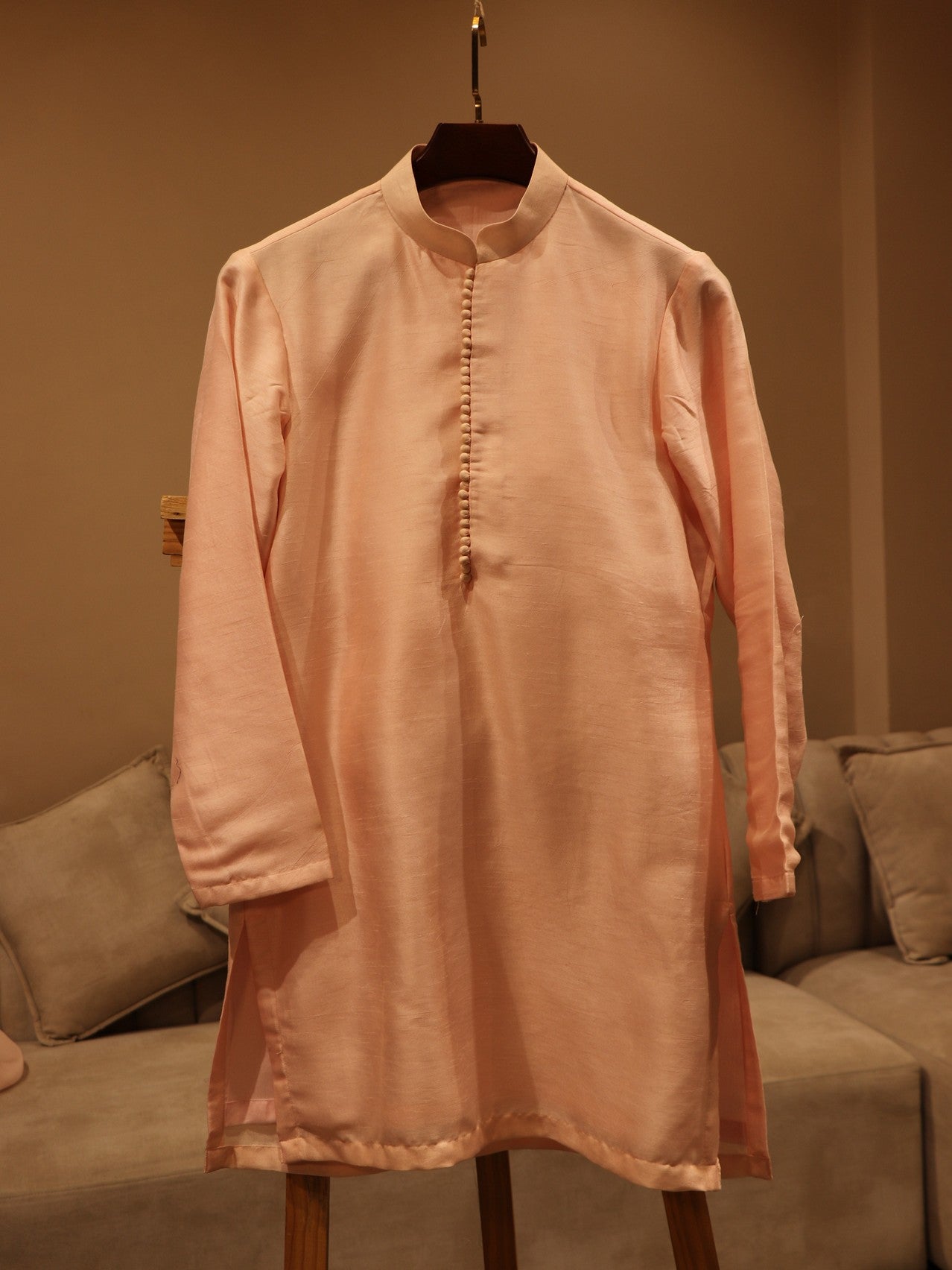 Peachish pink hand painted mens indo western set