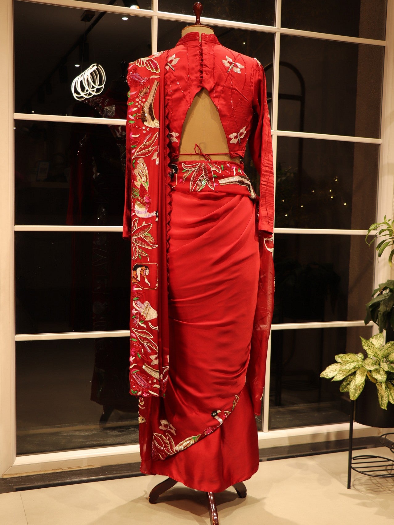 Hot red pre drape saree with dupatta