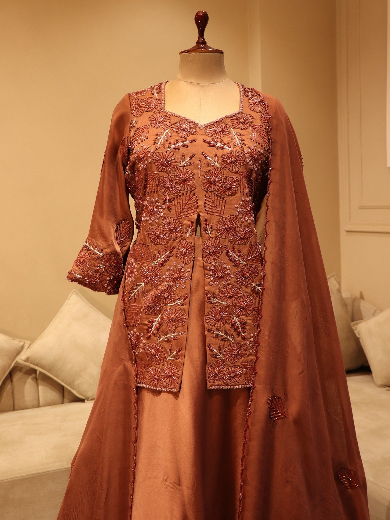 Cherry wood brown top with skirt and dupatta