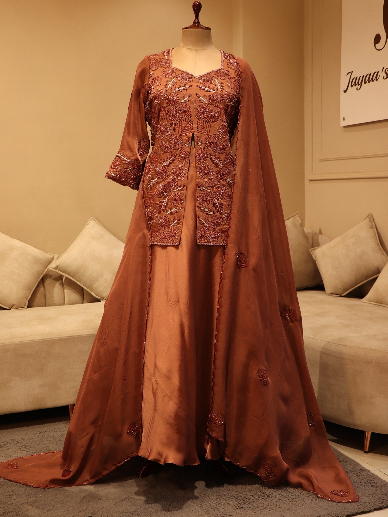 Cherry wood brown top with skirt and dupatta