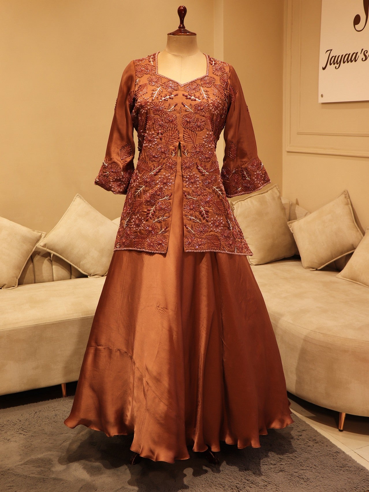 Cherry wood brown top with skirt and dupatta