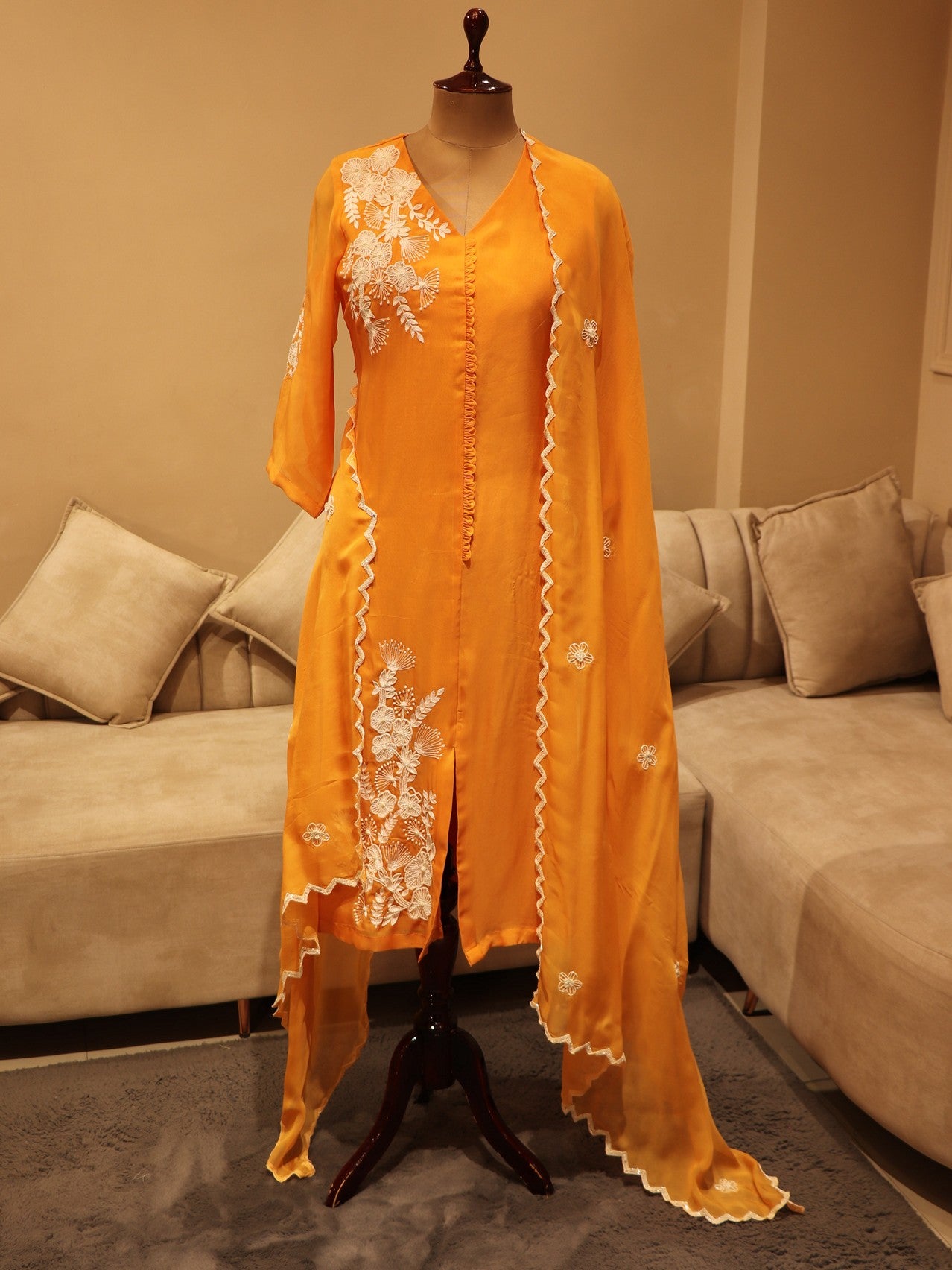 Rust orange kurta with pants and dupatta