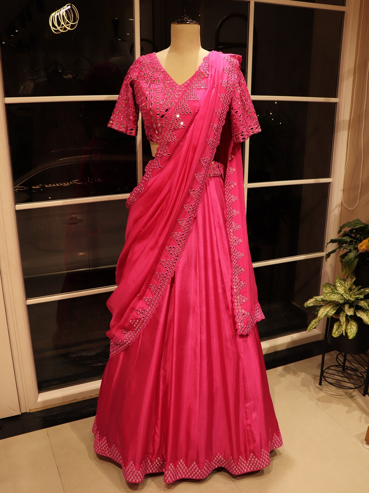 Hot pink mirror work lehenga set