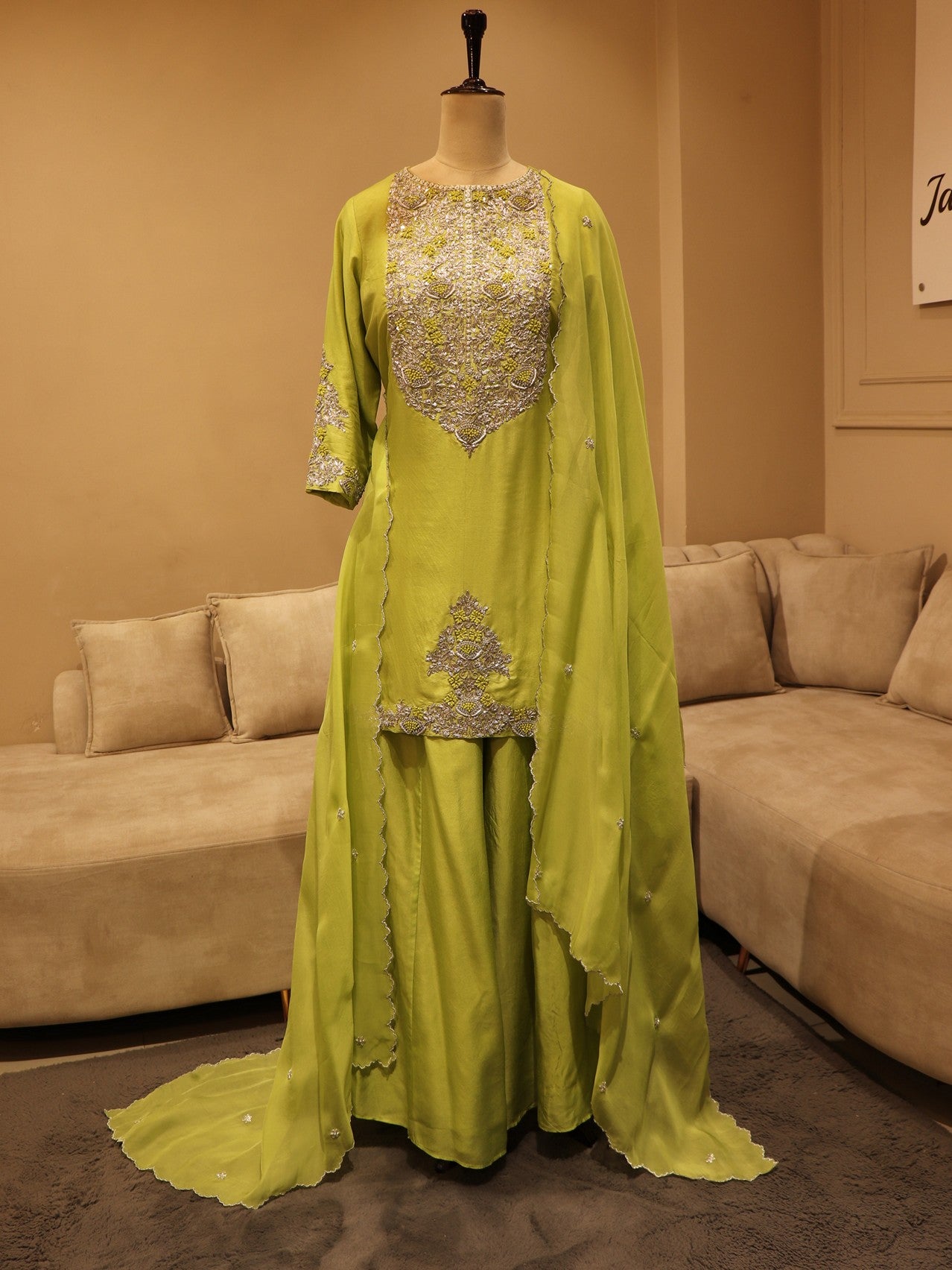 Pear green kurta sharara dupatta set