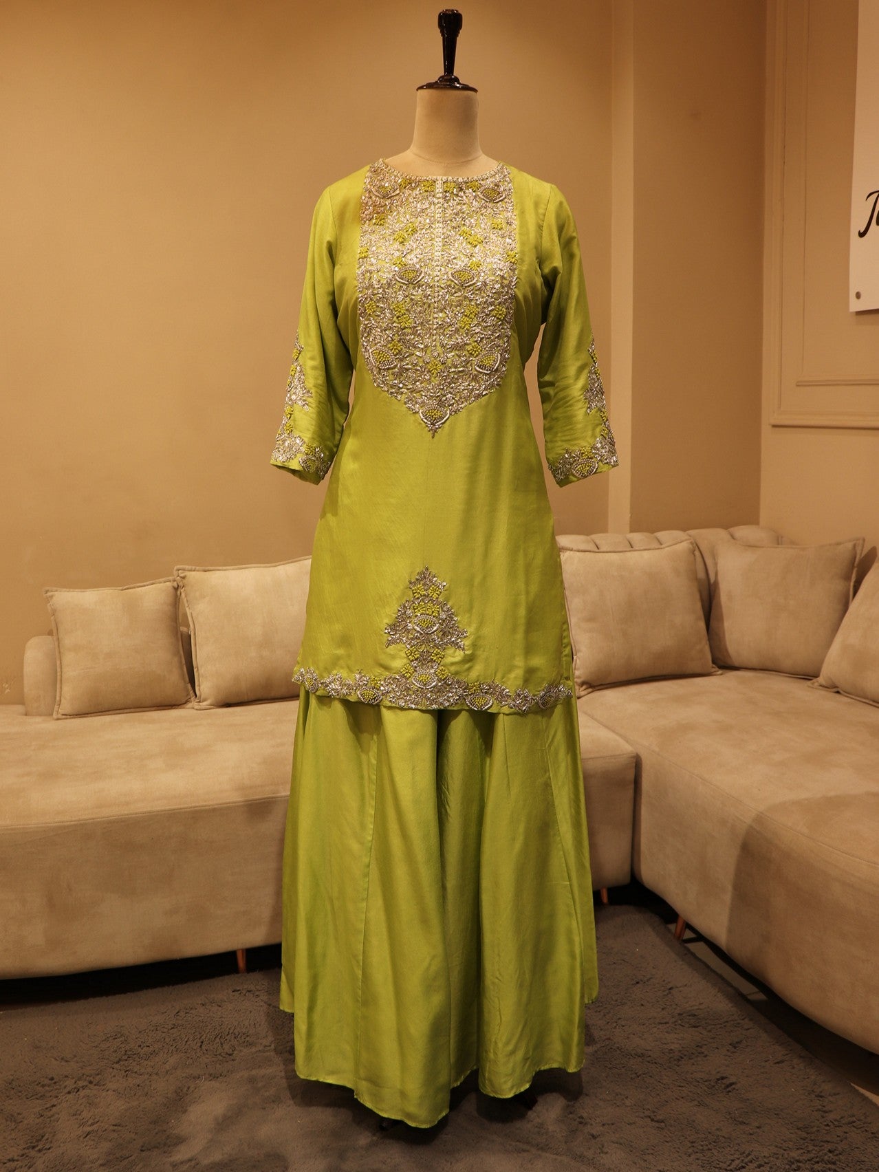 Pear green kurta sharara dupatta set