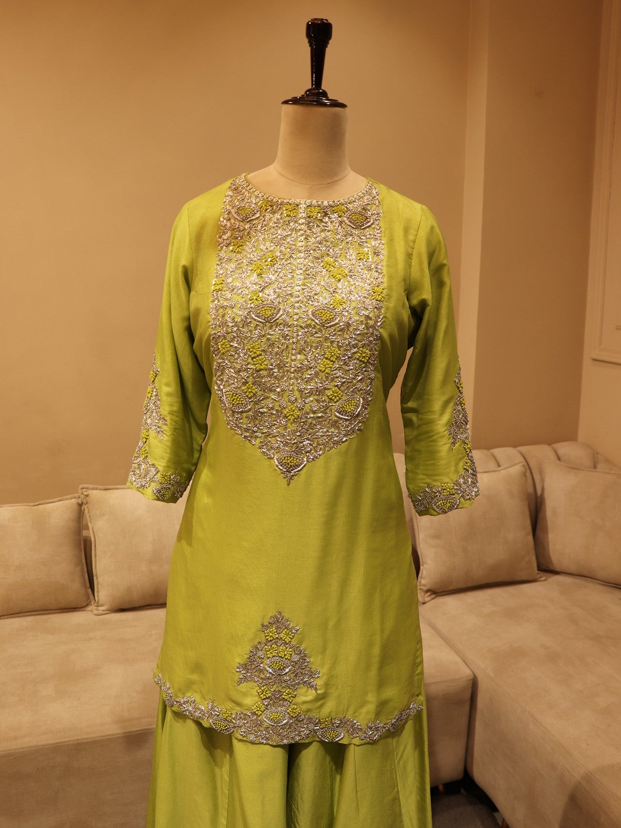 Pear green kurta sharara dupatta set