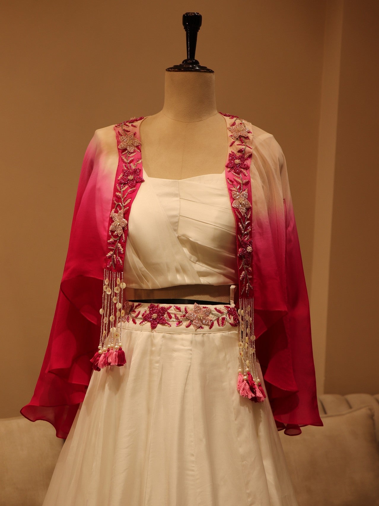 white Pink shaded hand painted crop top skirt with cape