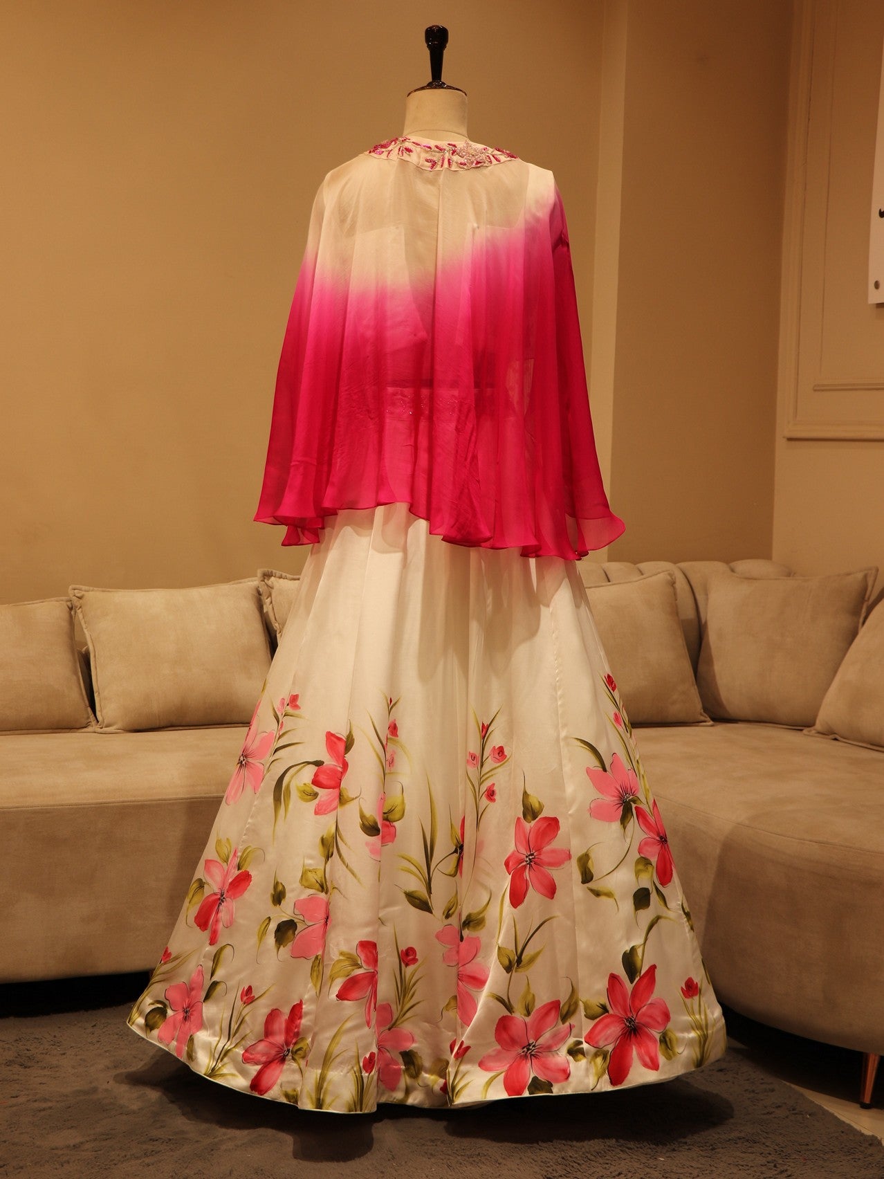 white Pink shaded hand painted crop top skirt with cape