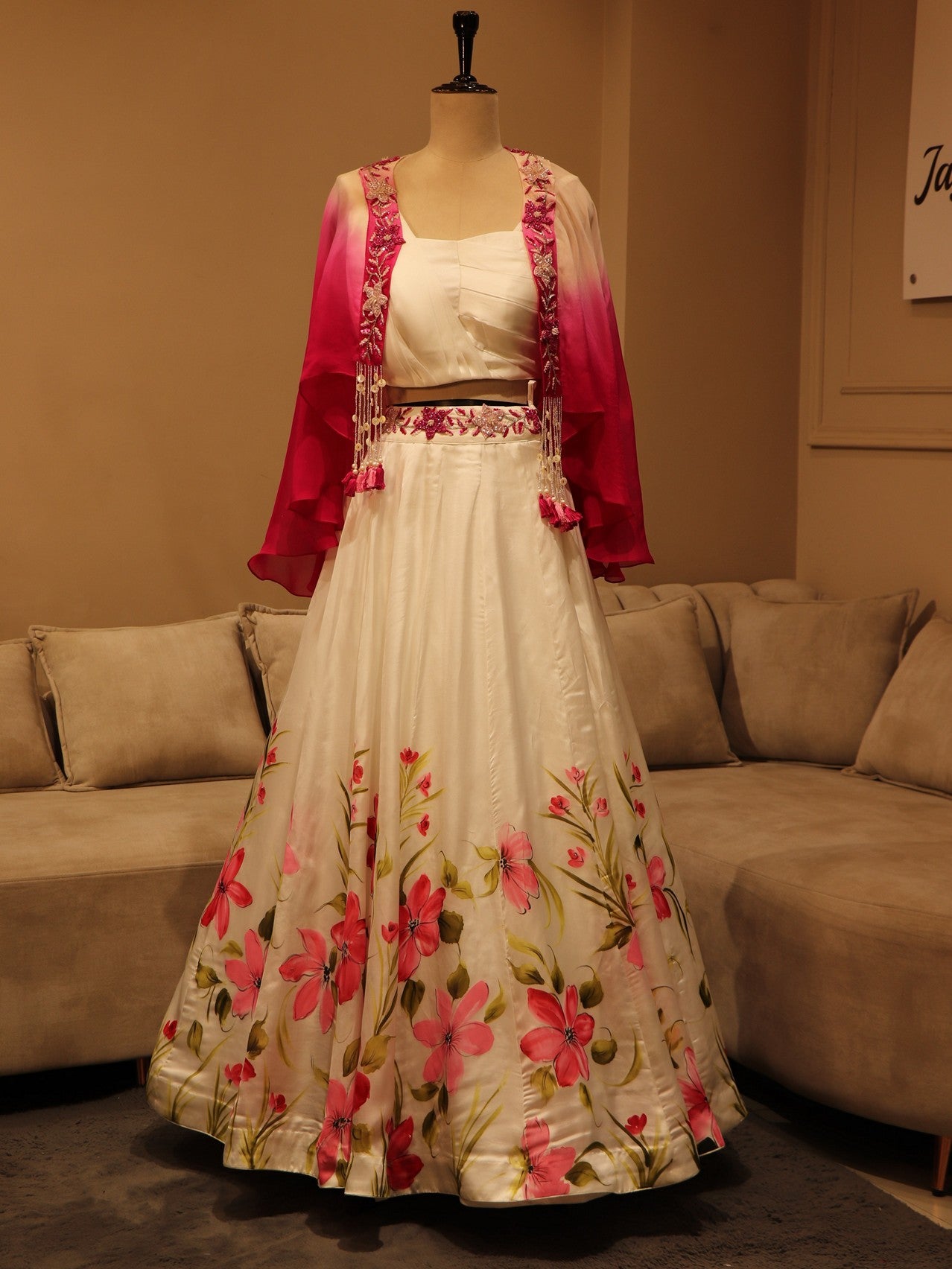 white Pink shaded hand painted crop top skirt with cape