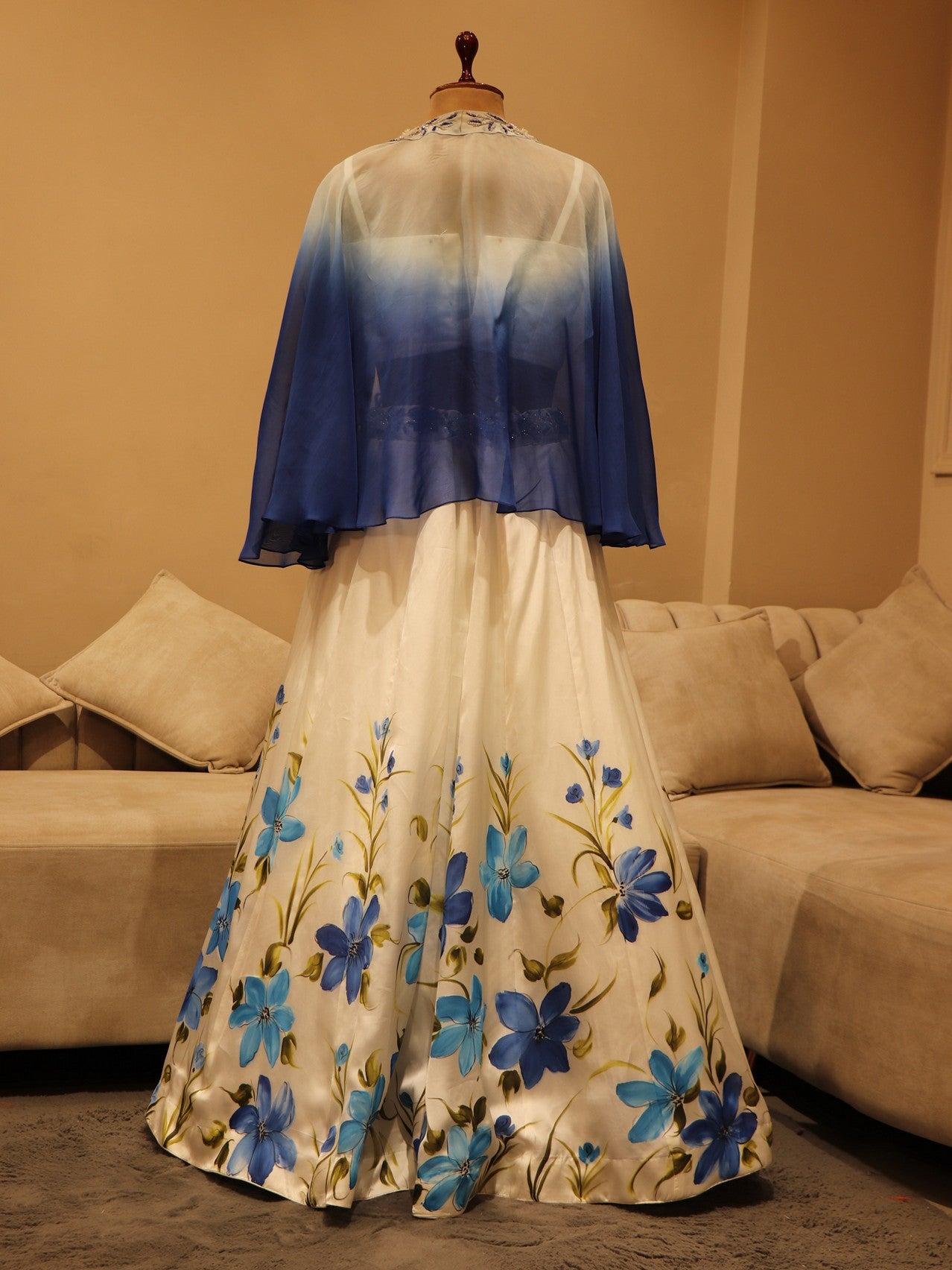 Blue shaded hand painted crop top cape skirt